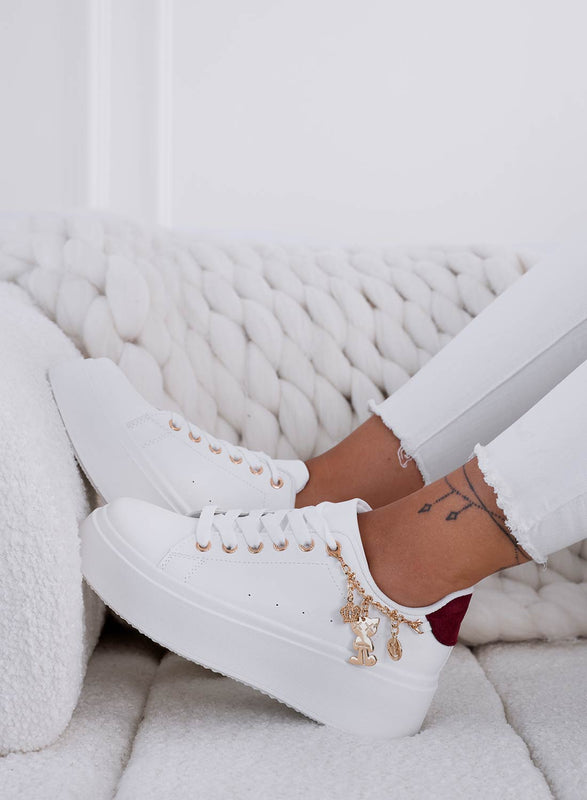 MARBELLA - White sneakers with burgundy back and gold charms