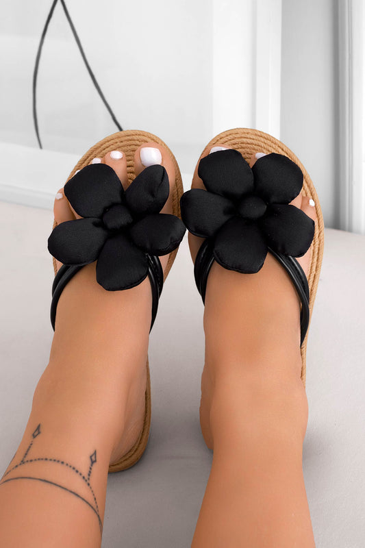 MARCELLA - Black thong sandals with applied flower