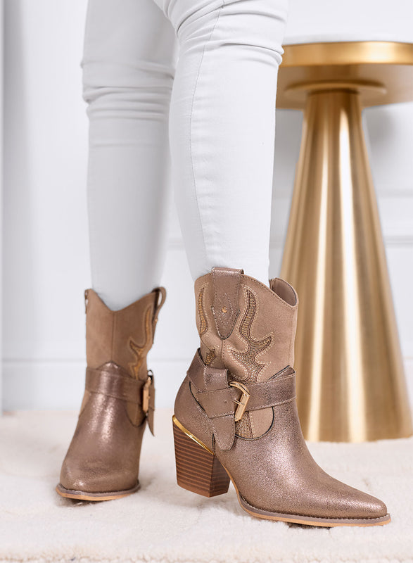 MARCELLA - Bronze camper ankle boots with medium heel and western details