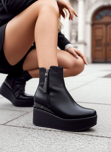 MARGHERITA - Black ankle boots with wedge heel and rhinestones