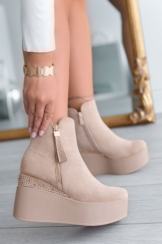 MARGHERITA -  Alexoo beige ankle boots with wedge and rhinestones