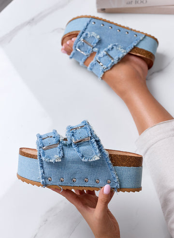 MARGOT - Blue Denim Platform Sandals with Buckles