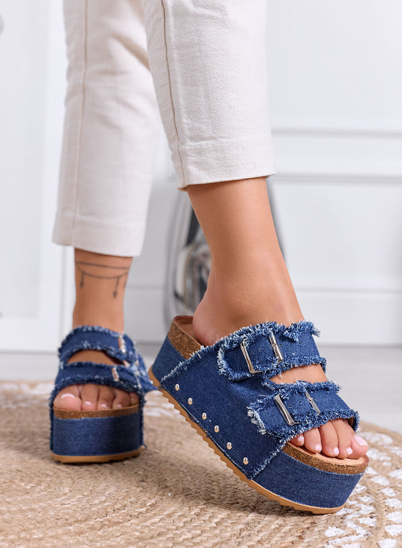 MARGOT - Platform Sandals Slippers in Blue Denim with Buckles