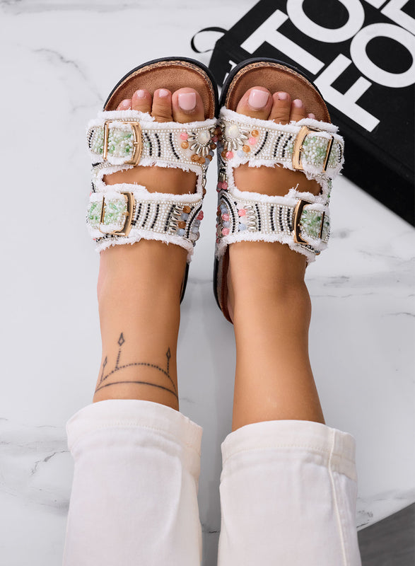 MARGOT - Sandales mules bijoux blanches avec double boucle et tissu effiloché