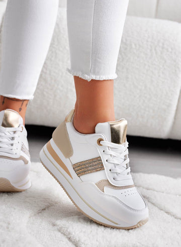 Sneakers bianche con inserti e strass oro