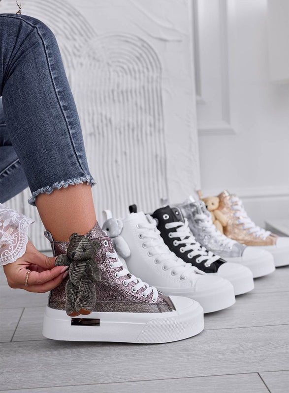 MARICA - Zapatillas laminadas en bronce con peluche teddy