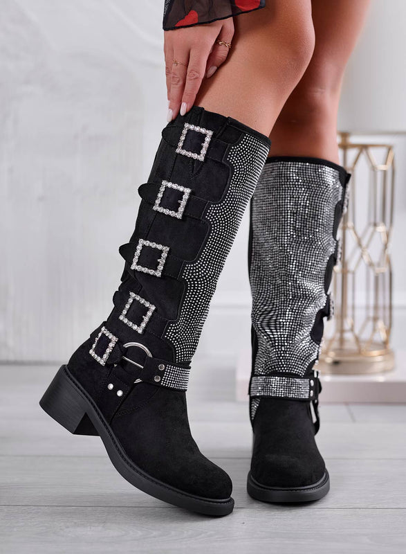 MARIELLA - Black jeweled boots with rhinestone buckles