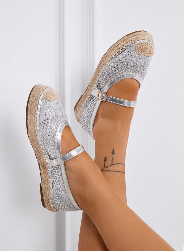 MARIKA - Silver espadrilles with rhinestones and ankle strap on rope sole