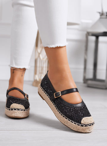 MARIKA - Black espadrilles with rhinestones and ankle strap on rope sole