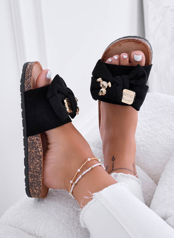 MARINA - Black slipper sandals with bow and gold teddy