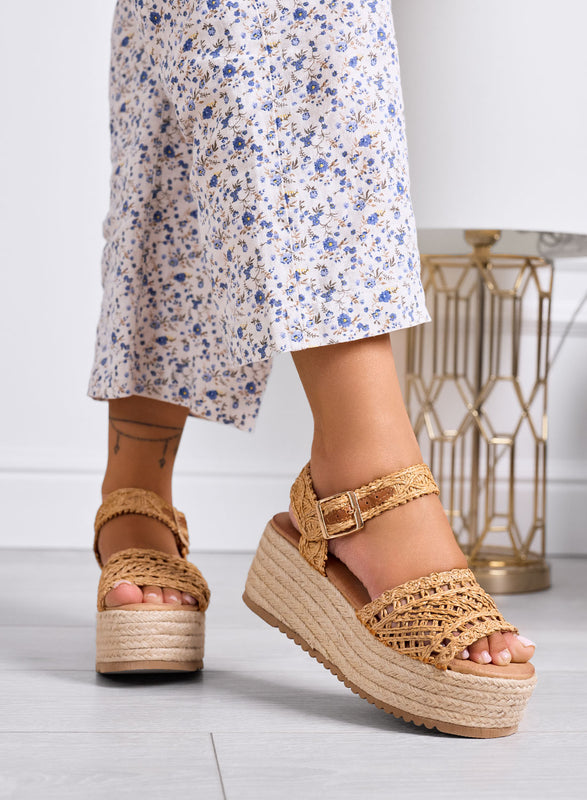 MARSILIA - Taupe woven platform sandals with rope wedge