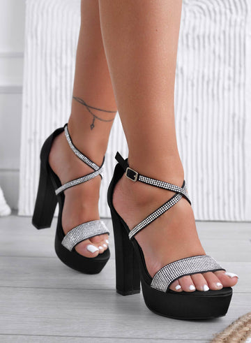 MARSY - Black jeweled sandals with high heel and rhinestones