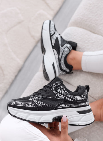 MARTINA - Sneakers nere con Strass argento e Suola Platform Chunky