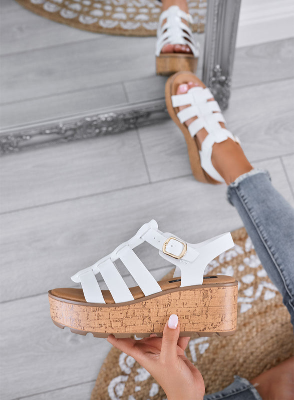 MATILDE – White wedge platform sandals with cork-effect sole