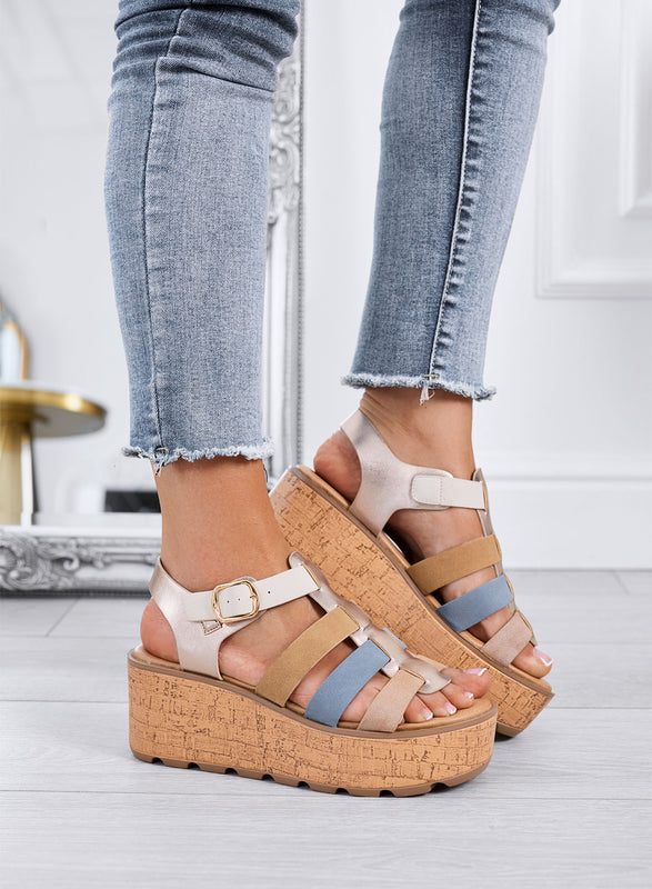 MATILDE – Multicolor wedge platform sandals with cork-effect sole