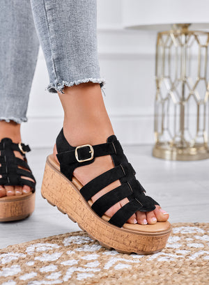 MATILDE – Black wedge platform sandals with cork-effect sole