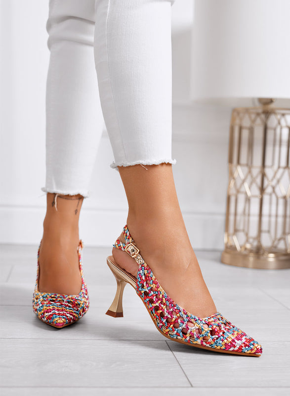 MAURA - Salón multicolor slingback en rafia trenzada con tacón medio