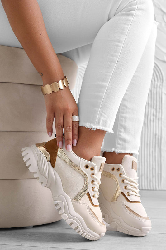 MELANIA - Beige sneakers with high sole and contrasting panels