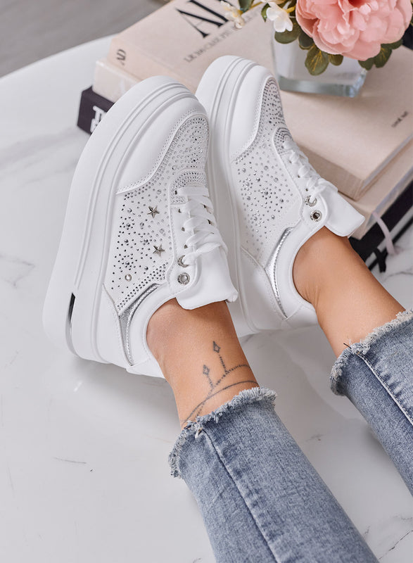 MELANIA - Sneakers Donna bianche con Strass, Stelline e Suola Platform