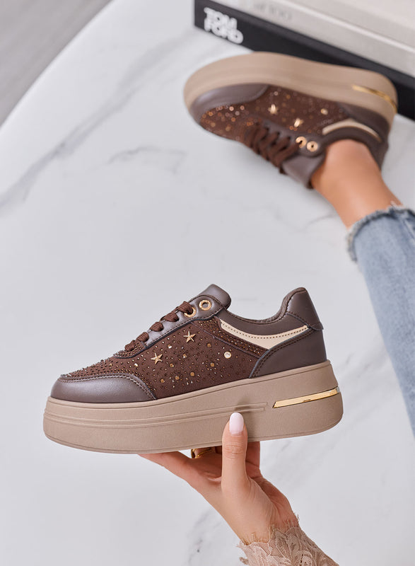 MELANIA - Sneakers Donna marroni con Strass, Stelline e Suola Platform