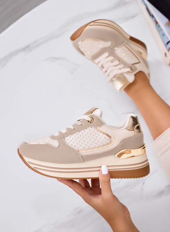 MELEK - Beige sneakers with gold inserts and platform sole