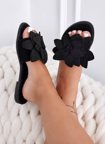 MELODY - Black slide sandals with applied flower