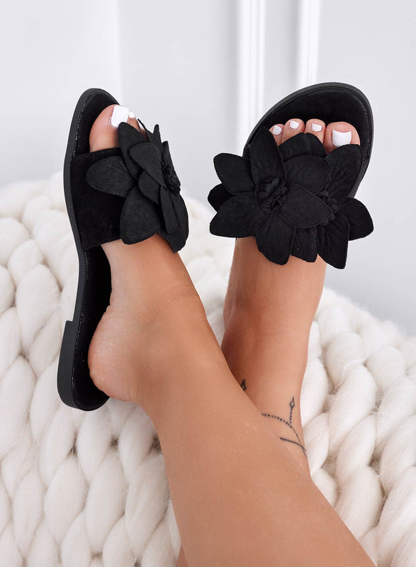 MELODY - Black slide sandals with applied flower