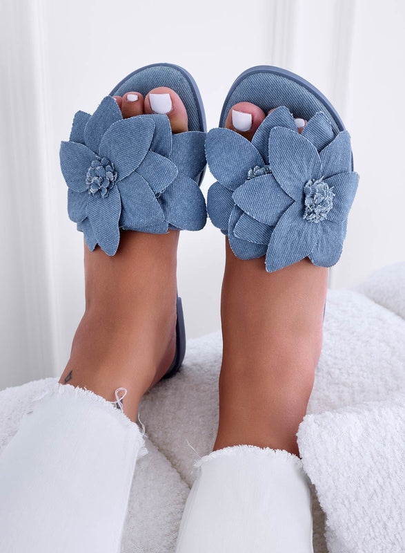 MELODY - Blue denim slipper sandals with applied flower