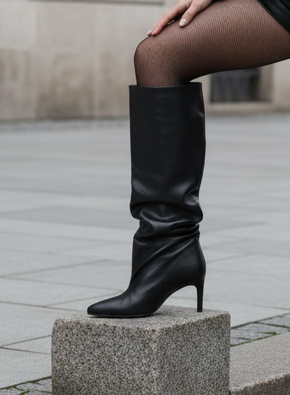 MICHELLE - Stivali neri arricciati oversize larghi con tacco basso