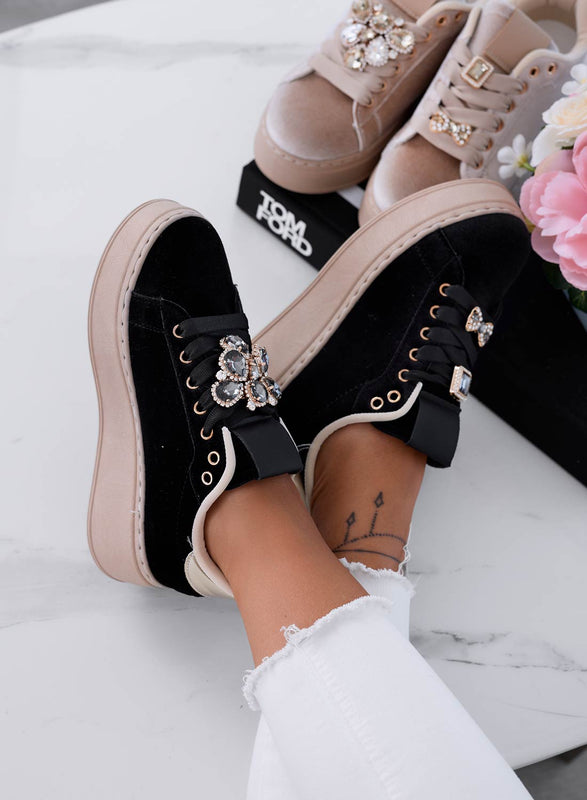 MILA - Black velvet sneakers with jewel application