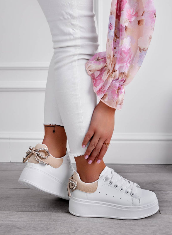 MILE - White sneakers with thick sole and rhinestone bow and beige back