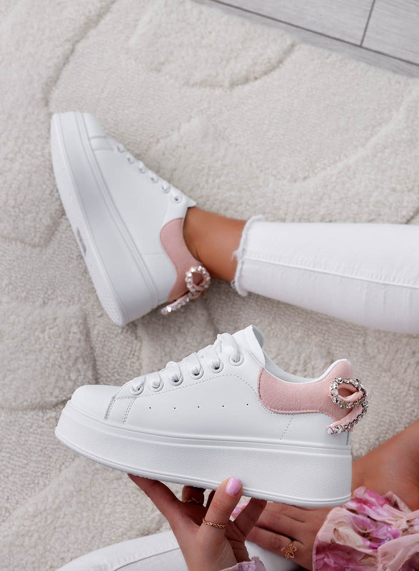 MILE - White sneakers with thick sole and rhinestone bow and pink back