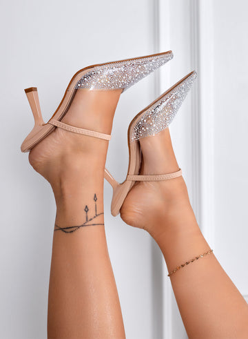 MILVA - Mules décolletées élégantes à bout pointu avec cristaux et talon élancé de 8,5 cm