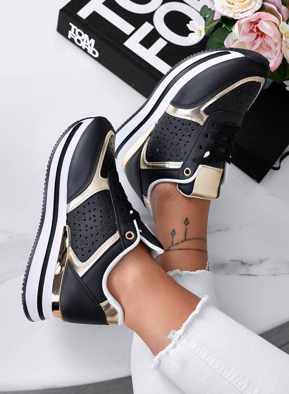 MINA - Black perforated sneakers with gold inserts