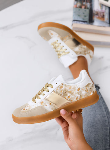 MIREA - Beige sneakers with floral details and gold inserts