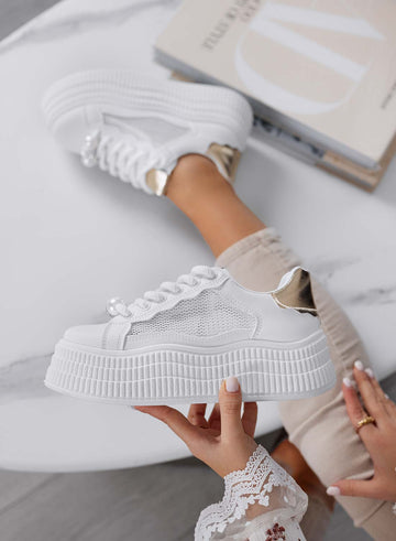 MIRELA - White sneakers with gold inserts, wave sole, and mesh