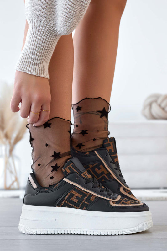 MIRELA - Black sneakers with patterned fabric inserts