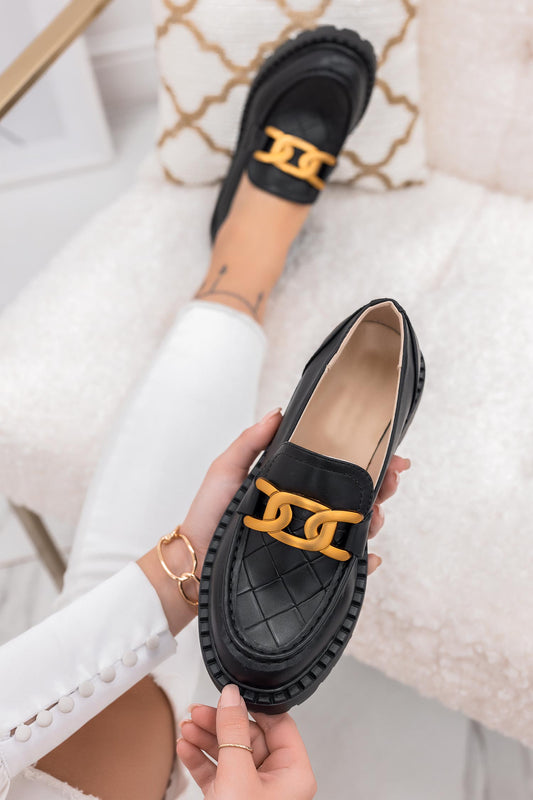 MIRROW - Black loafers with golden chain
