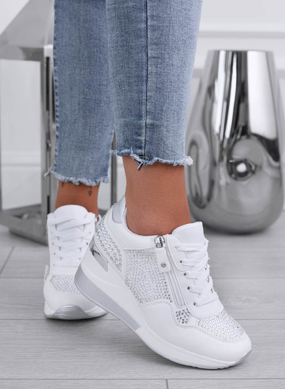 MIRROW - White jewel sneakers with rhinestones and wedge