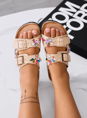 MONNALISA - Beige platform sandals with double buckle and rhinestones