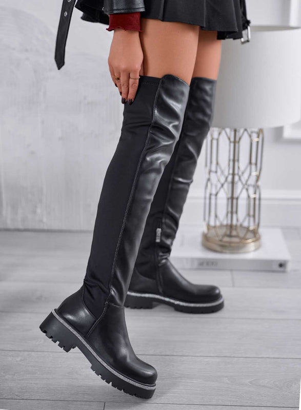 MORITZ - Cuissardes noires avec strass et dos en tissu élastique