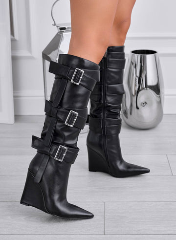 MORRIS - Black wedge boots with buckles