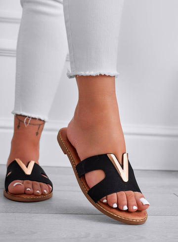 MYER - Black slide sandals with gold V embellishment