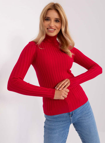 Ribbed red turtleneck sweater