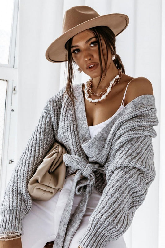 Grey wrap jumper with string