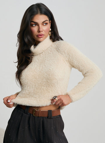 Beige turtleneck sweater with fuzzy texture