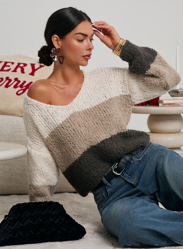 Beige sweater with contrasting panels and V-neck