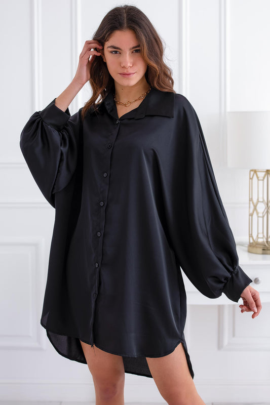 Black satin maxi shirt dress