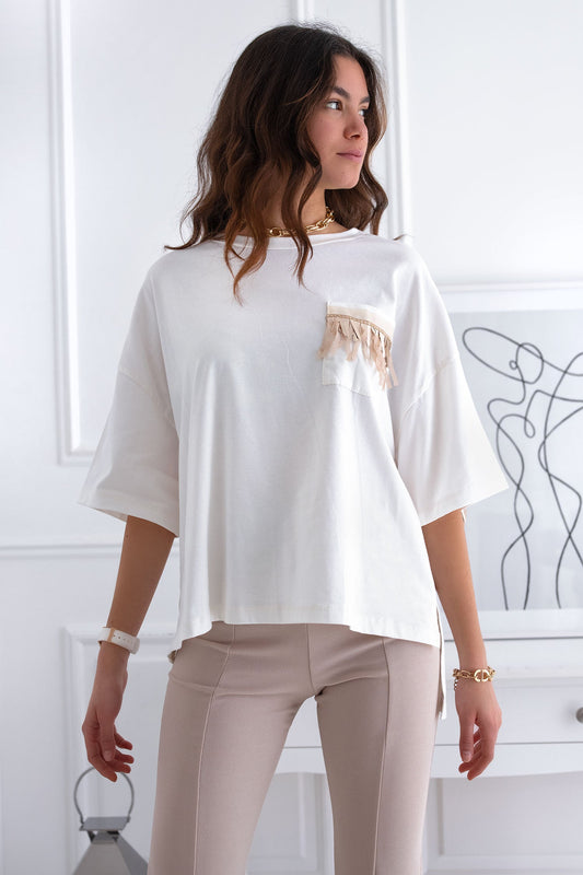 White maxi t-shirt with golden fringes