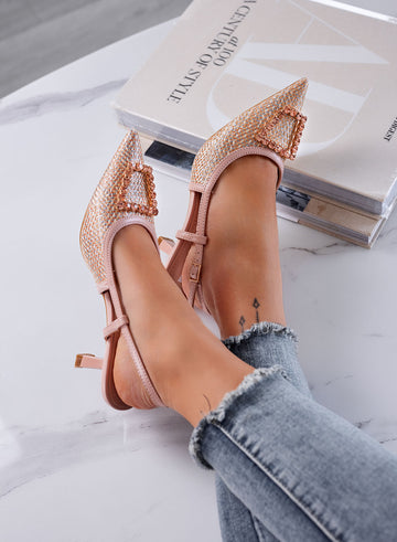 NAIMA - Nude slingback pumps in woven fabric with jeweled buckle